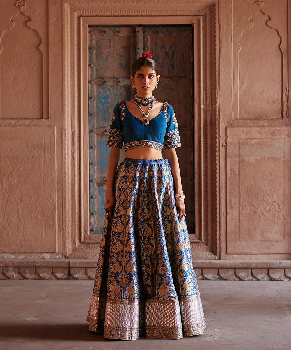 Blue_Handloom_Brocade_Banarasi_Lehenga_With_Hand_Embroidered_Blouse_And_Organza_Dupatta_WeaverStory_02
