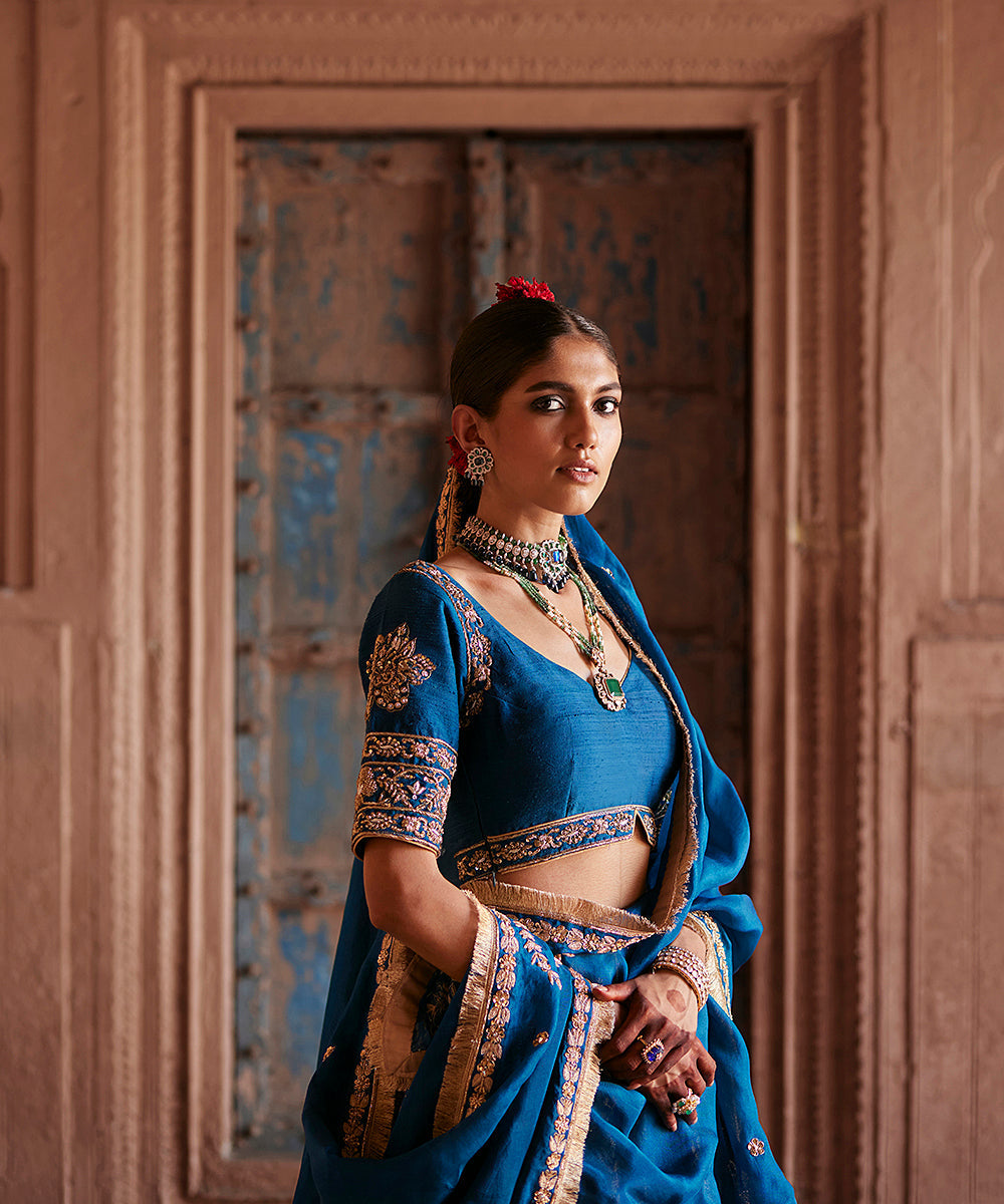 Blue_Handloom_Brocade_Banarasi_Lehenga_With_Hand_Embroidered_Blouse_And_Organza_Dupatta_WeaverStory_03