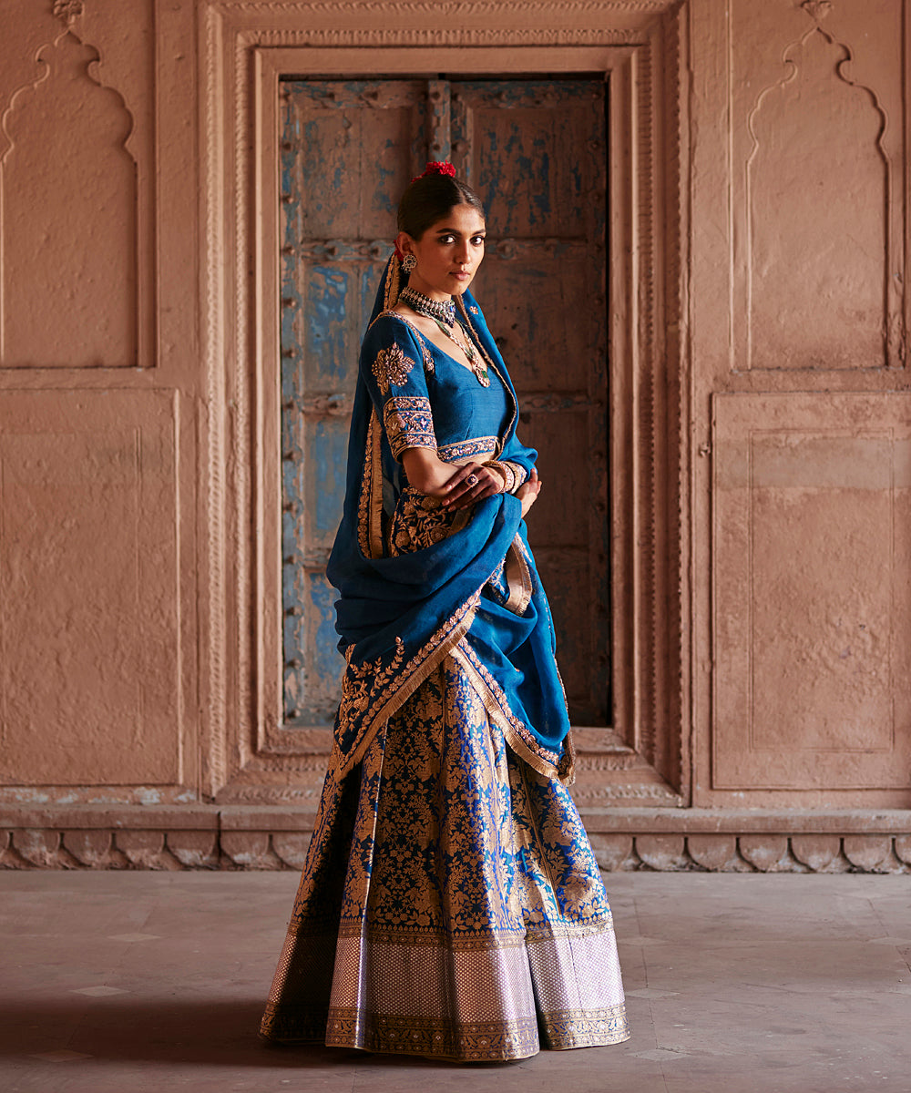 Blue_Handloom_Brocade_Banarasi_Lehenga_With_Hand_Embroidered_Blouse_And_Organza_Dupatta_WeaverStory_04