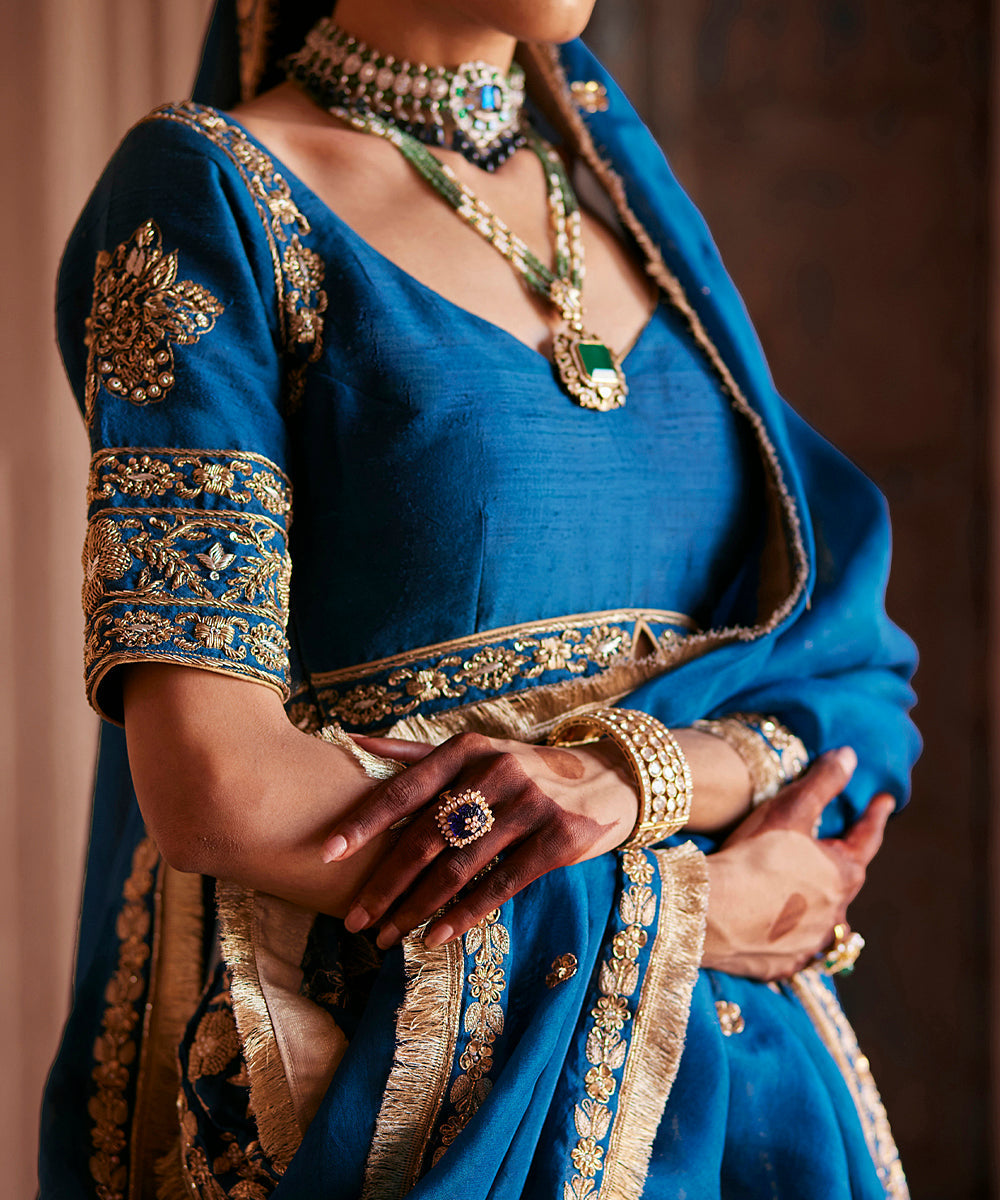 Blue_Handloom_Brocade_Banarasi_Lehenga_With_Hand_Embroidered_Blouse_And_Organza_Dupatta_WeaverStory_05