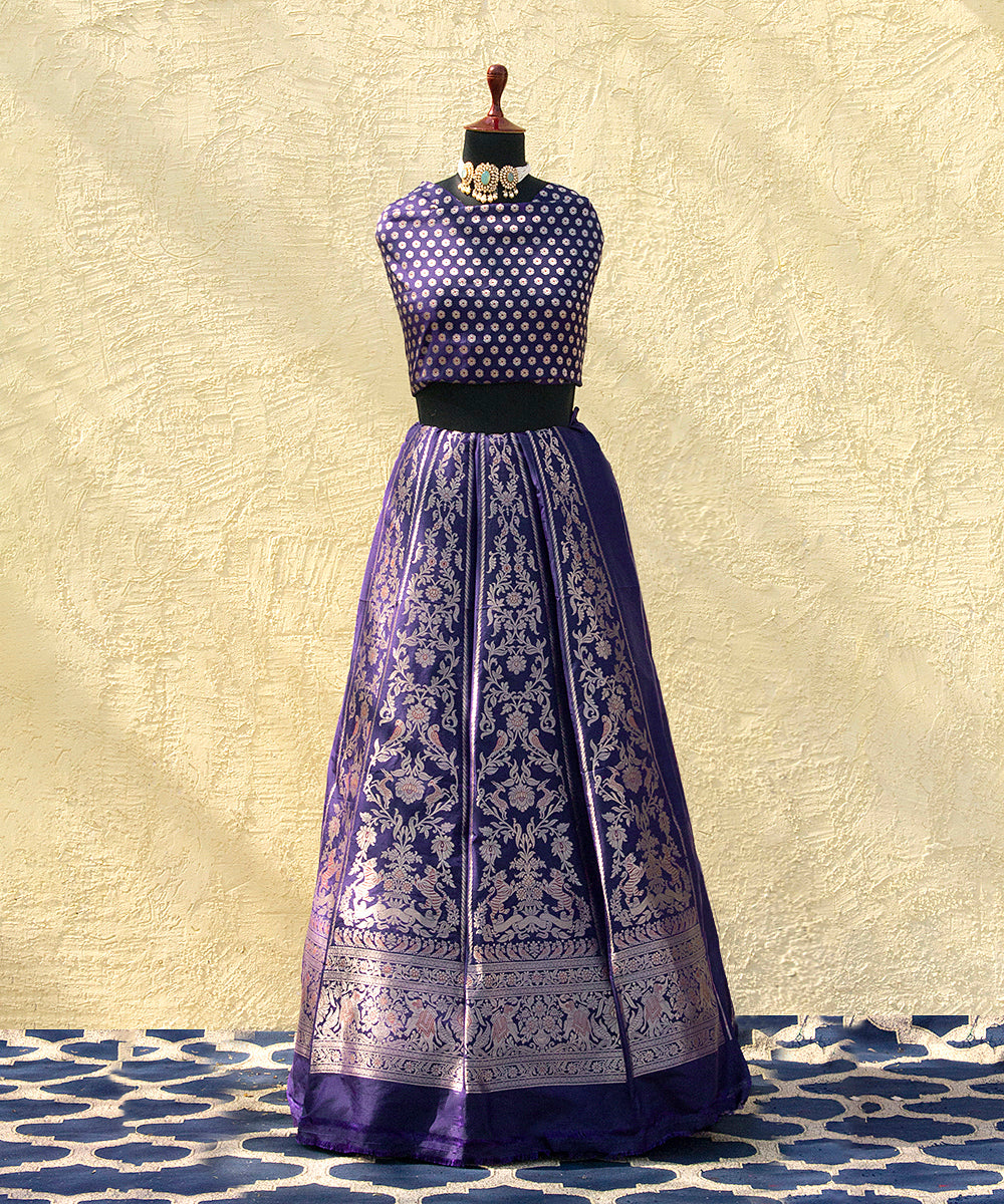 Handloom_Blue_Shikargah_Banarasi_Lehenga_With_Silver_Zari_WeaverStory_01