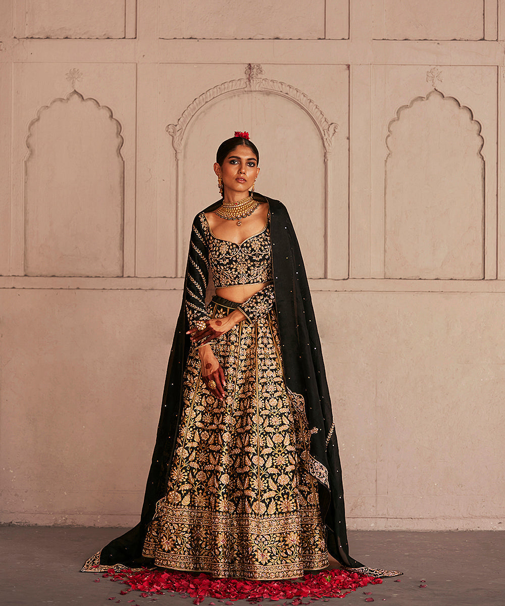 Black_Dual_Shade_Hand_Embroidered_Zardozi_Banarasi_Lehenga_With_Blouse_And_Organza_Dupatta_WeaverStory_01
