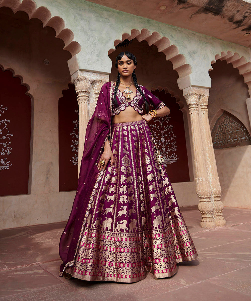 Purple_Handloom_Shikargah_Pure_Katan_Silk_Banarasi_Lehenga_with_Scalloped_Blouse_and_Organza_Dupatta_WeaverStory_04