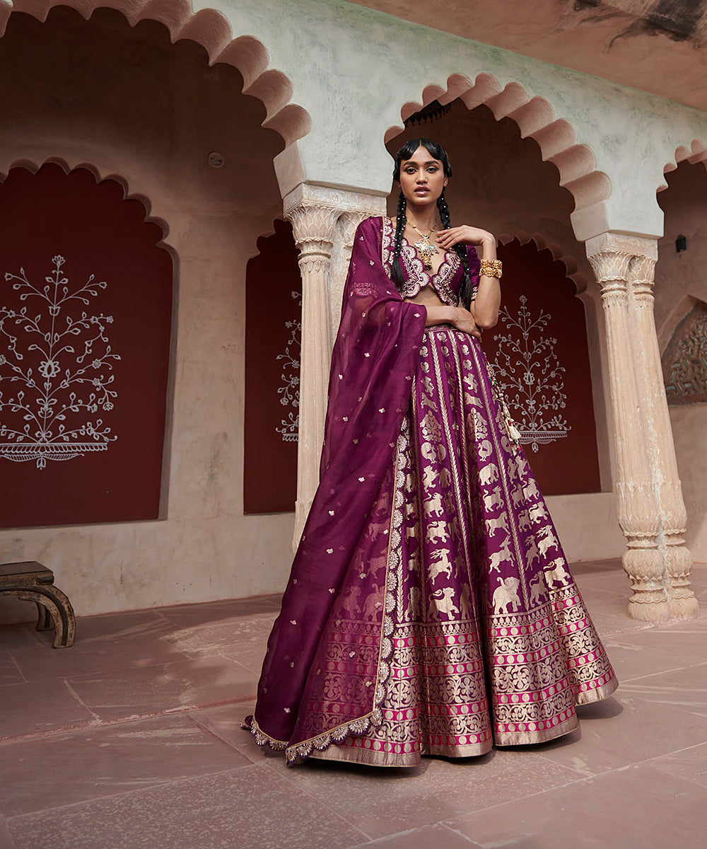 Purple_Handloom_Shikargah_Pure_Katan_Silk_Banarasi_Lehenga_with_Scalloped_Blouse_and_Organza_Dupatta_WeaverStory_02