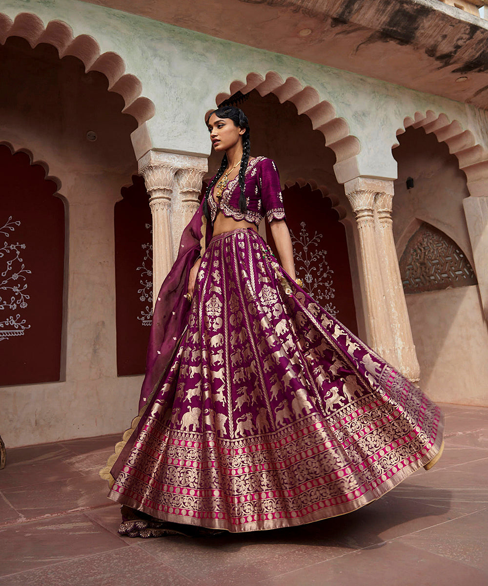 Purple_Handloom_Shikargah_Pure_Katan_Silk_Banarasi_Lehenga_with_Scalloped_Blouse_and_Organza_Dupatta_WeaverStory_03