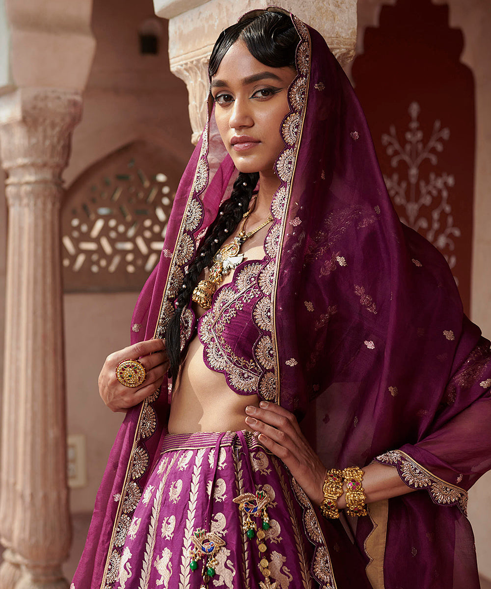 Purple_Handloom_Shikargah_Pure_Katan_Silk_Banarasi_Lehenga_with_Scalloped_Blouse_and_Organza_Dupatta_WeaverStory_08