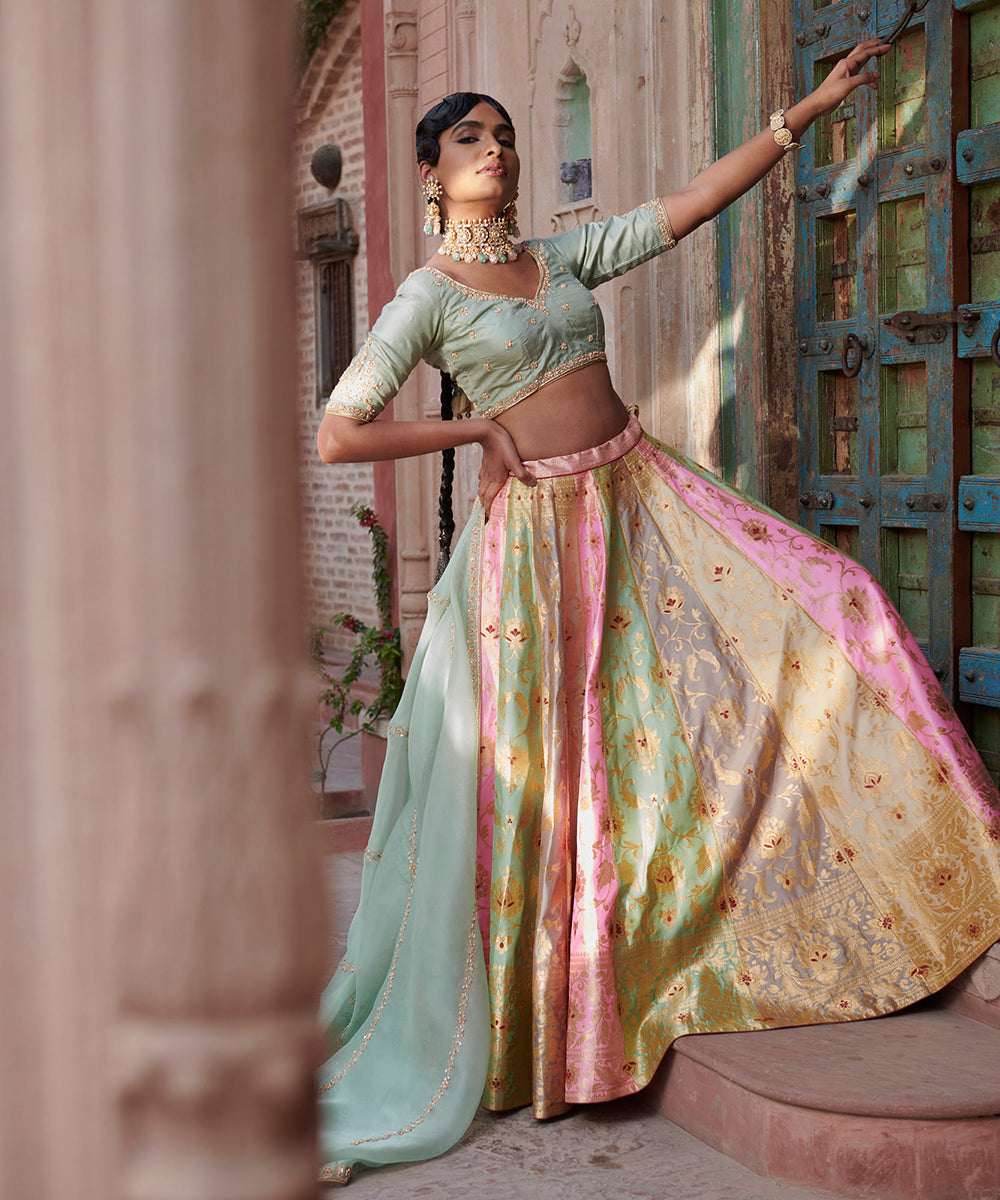 Rangkaat_Handloom_Pure_Katan_Silk_Banarasi_Lehenga_with_Pista_Green_Dupatta_and_Blouse_WeaverStory_03