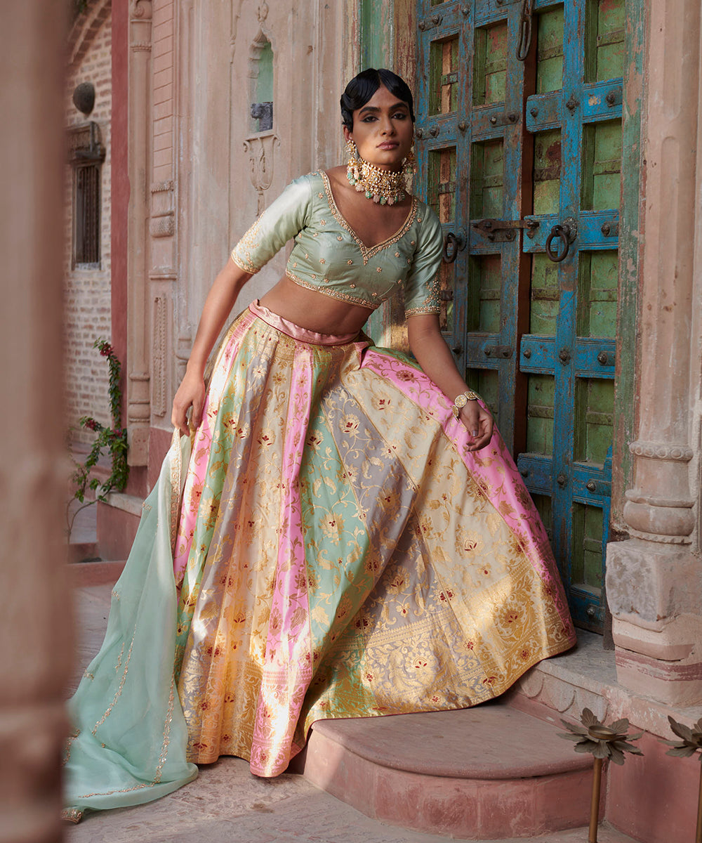 Rangkaat_Handloom_Pure_Katan_Silk_Banarasi_Lehenga_with_Pista_Green_Dupatta_and_Blouse_WeaverStory_04