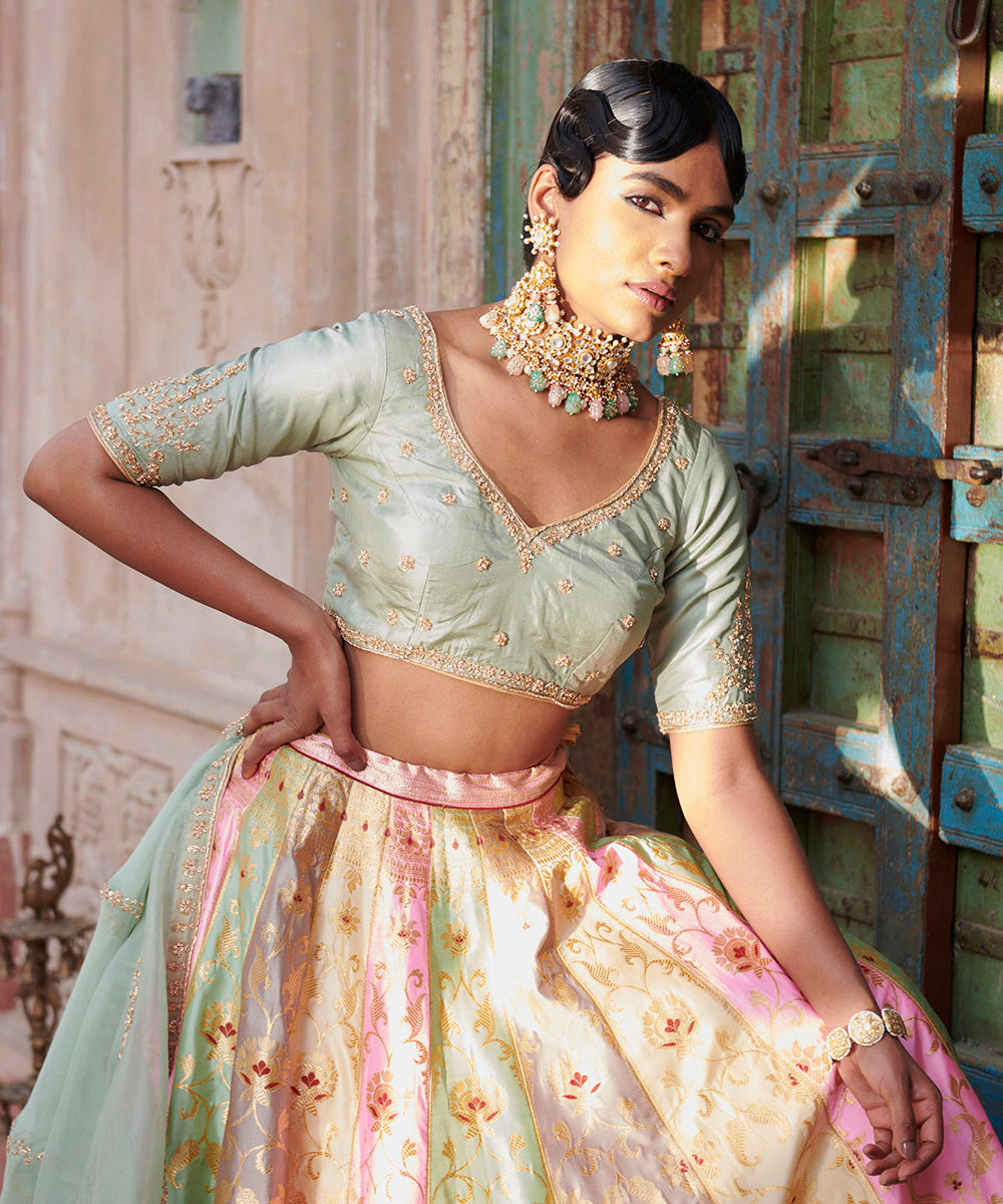 Rangkaat_Handloom_Pure_Katan_Silk_Banarasi_Lehenga_with_Pista_Green_Dupatta_and_Blouse_WeaverStory_06