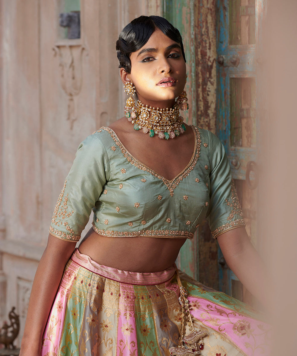 Rangkaat_Handloom_Pure_Katan_Silk_Banarasi_Lehenga_with_Pista_Green_Dupatta_and_Blouse_WeaverStory_07