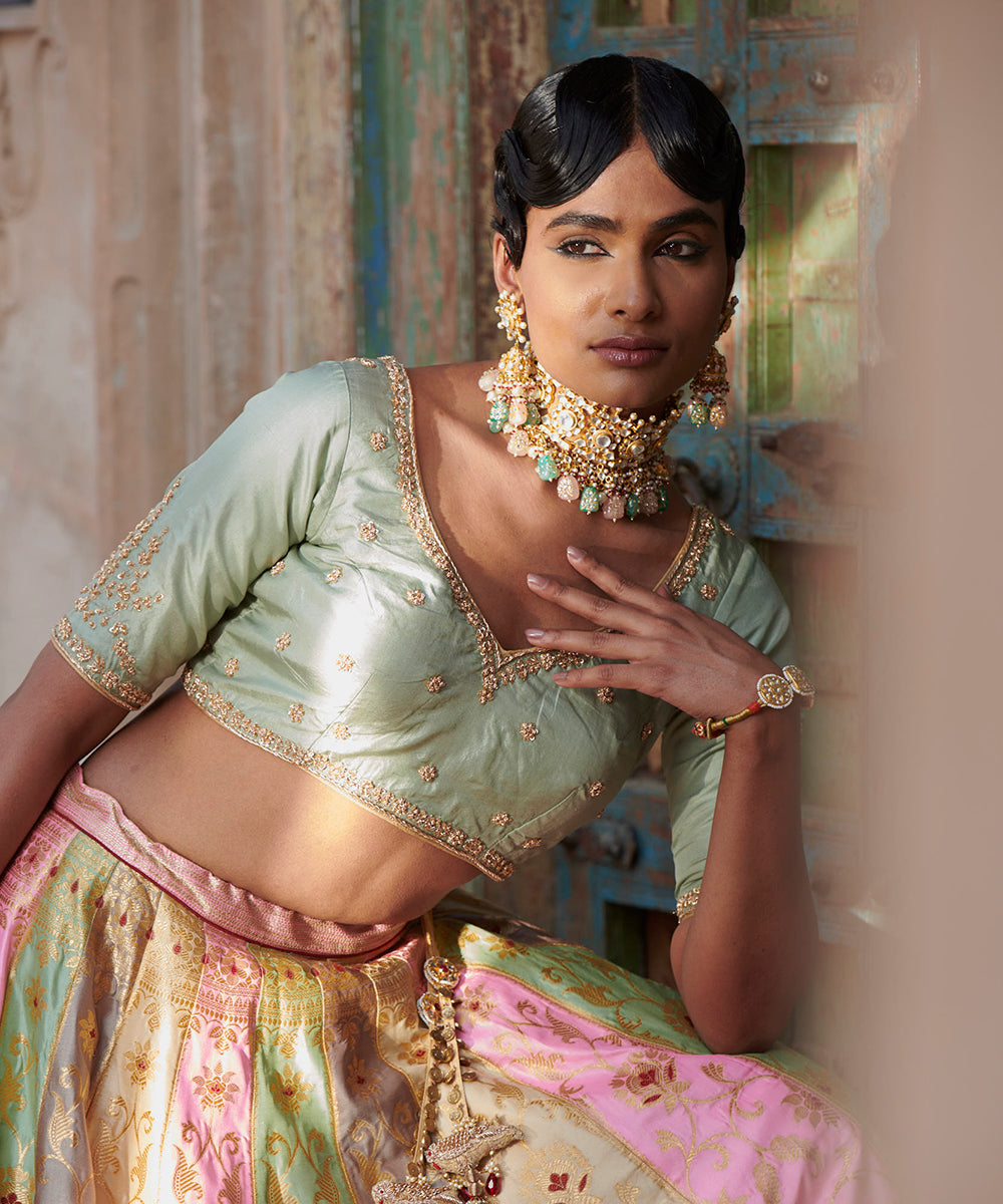 Rangkaat_Handloom_Pure_Katan_Silk_Banarasi_Lehenga_with_Pista_Green_Dupatta_and_Blouse_WeaverStory_08