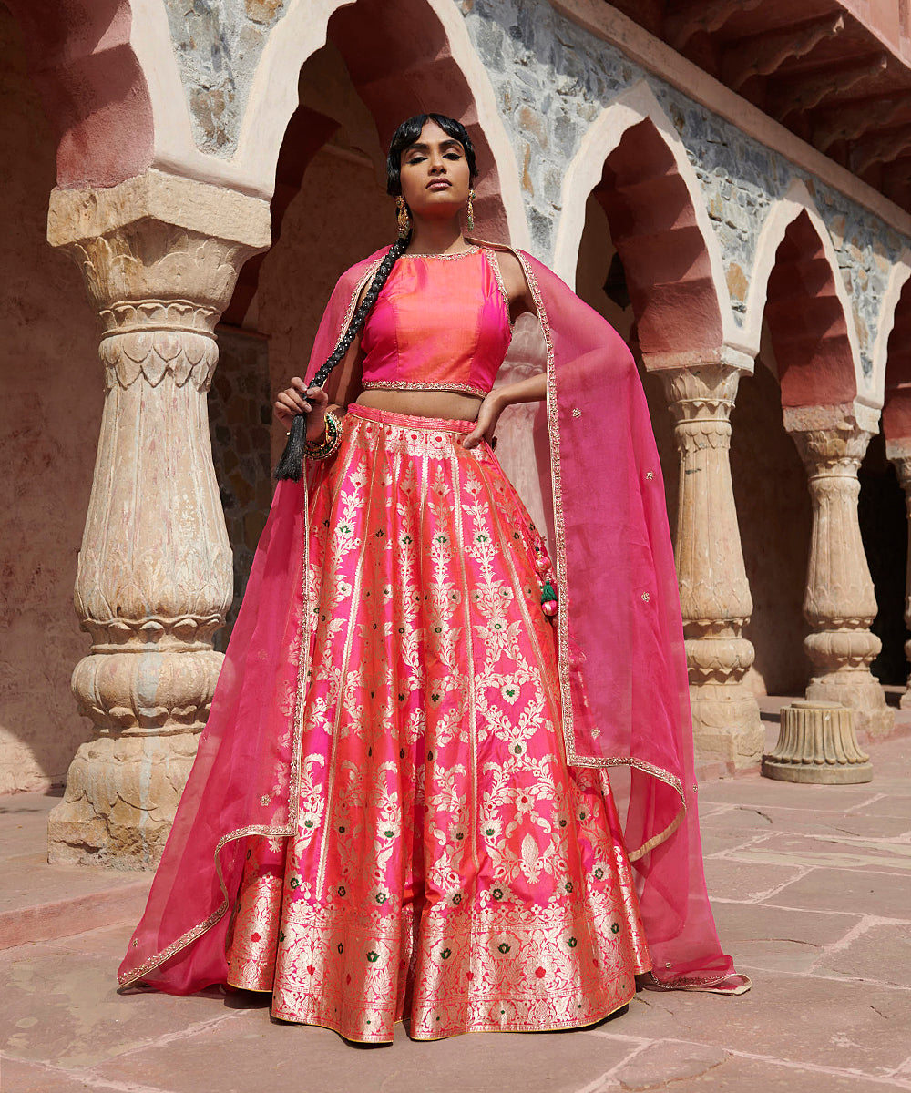 Hot_Pink_Handloom_Pure_Katan_Silk_Banarasi_Meenakari_Lehenga_with_Organza_Dupatta_and_Blouse_WeaverStory_03