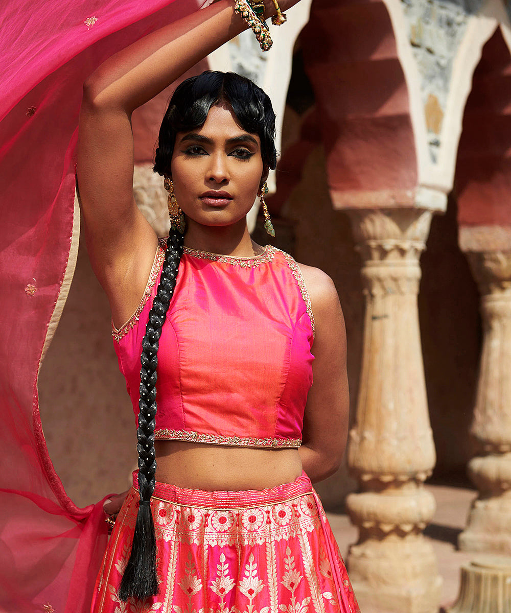 Hot_Pink_Handloom_Pure_Katan_Silk_Banarasi_Meenakari_Lehenga_with_Organza_Dupatta_and_Blouse_WeaverStory_04