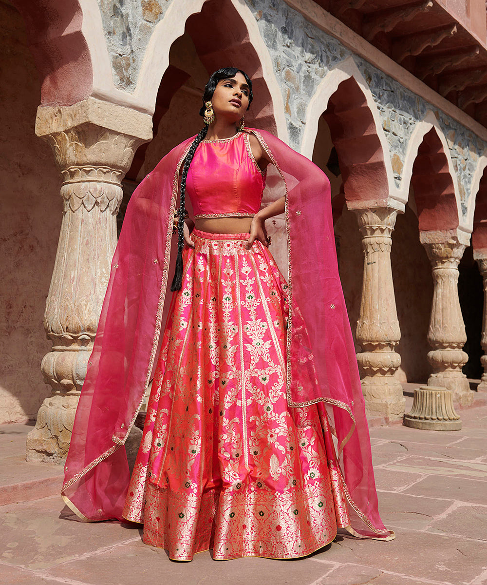 Hot_Pink_Handloom_Pure_Katan_Silk_Banarasi_Meenakari_Lehenga_with_Organza_Dupatta_and_Blouse_WeaverStory_02