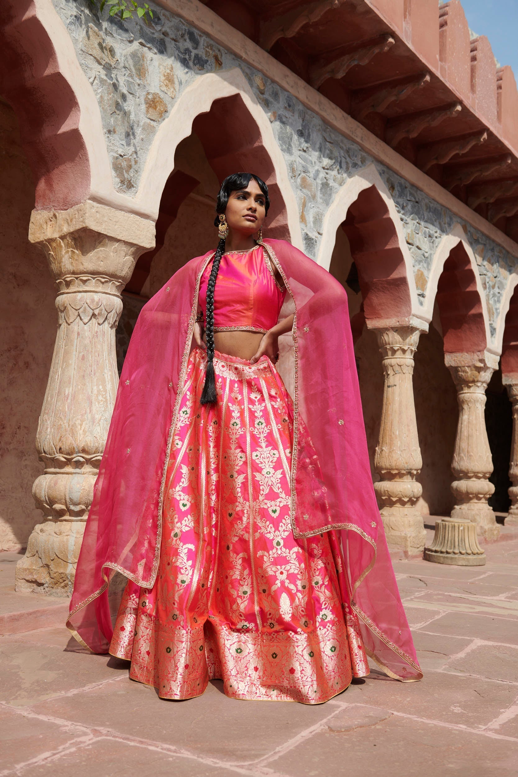 Hot_Pink_Handloom_Pure_Katan_Silk_Banarasi_Meenakari_Lehenga_with_Organza_Dupatta_and_Blouse_WeaverStory_05