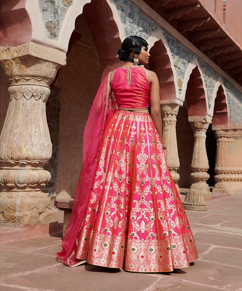Hot_Pink_Handloom_Pure_Katan_Silk_Banarasi_Meenakari_Lehenga_with_Organza_Dupatta_and_Blouse_WeaverStory_06