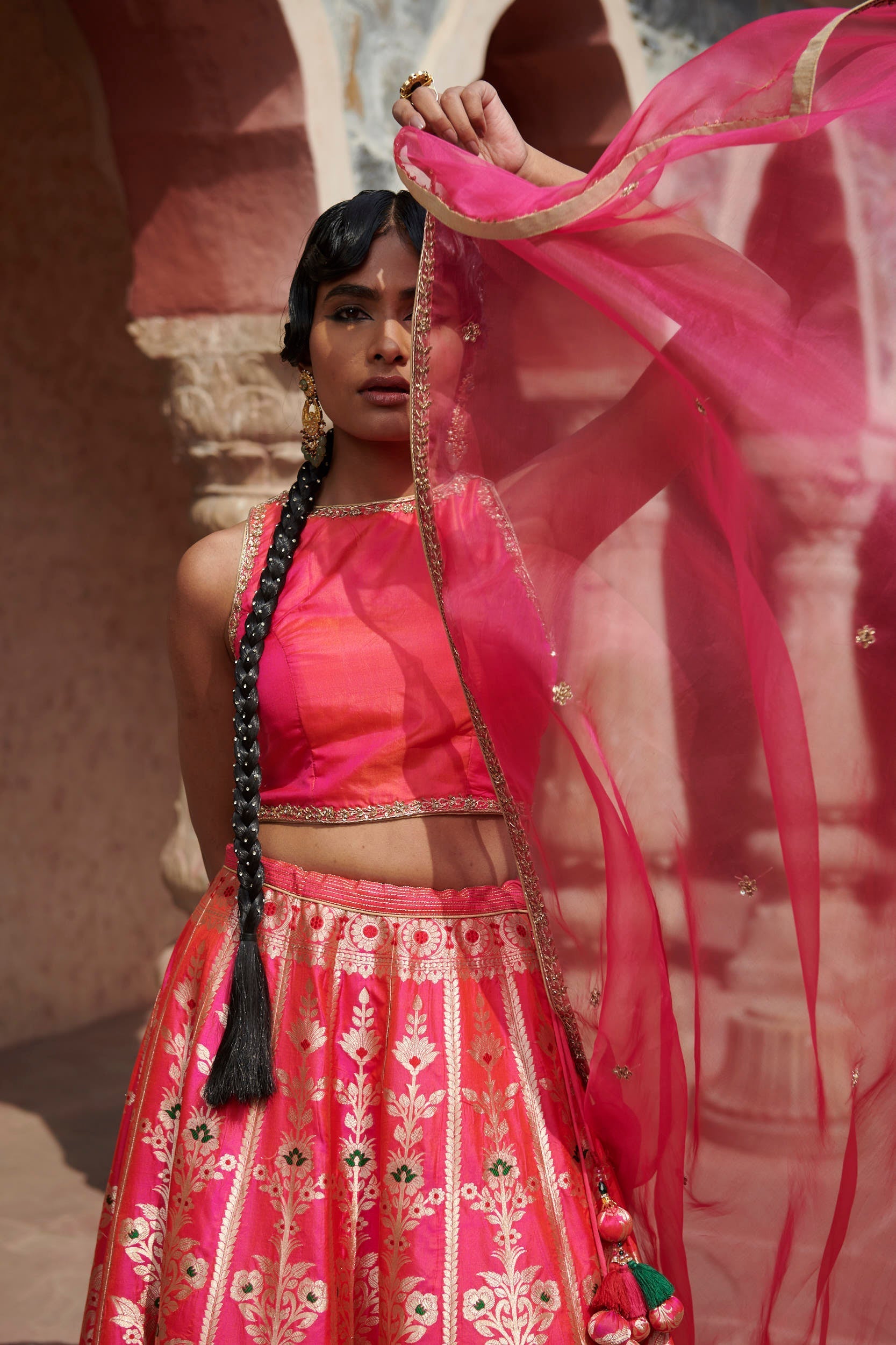 Hot_Pink_Handloom_Pure_Katan_Silk_Banarasi_Meenakari_Lehenga_with_Organza_Dupatta_and_Blouse_WeaverStory_07