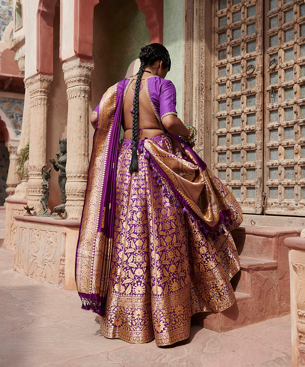 Purple_Handloom_Pure_Katan_Silk_Bageecha_Banarasi_Lehenga_with_Blouse_and_Silk_Dupatta_WeaverStory_03