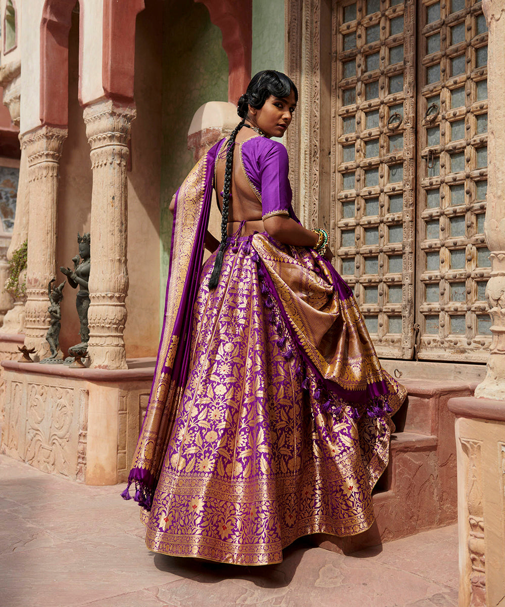 Purple_Handloom_Pure_Katan_Silk_Bageecha_Banarasi_Lehenga_with_Blouse_and_Silk_Dupatta_WeaverStory_04