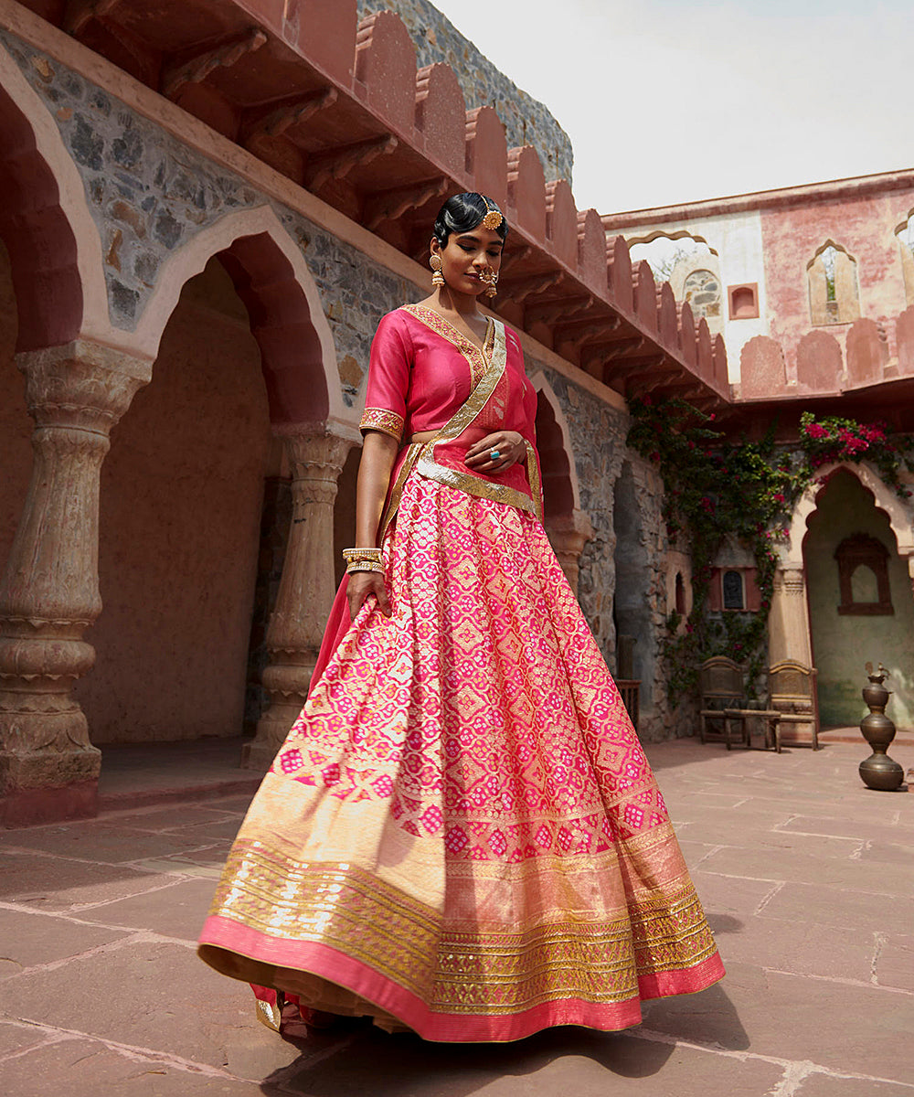 Hot_Pink_Handloom_Georgette_Bandhani_Lehenga_with_Organza_Dupatta_and_Blouse_WeaverStory_02