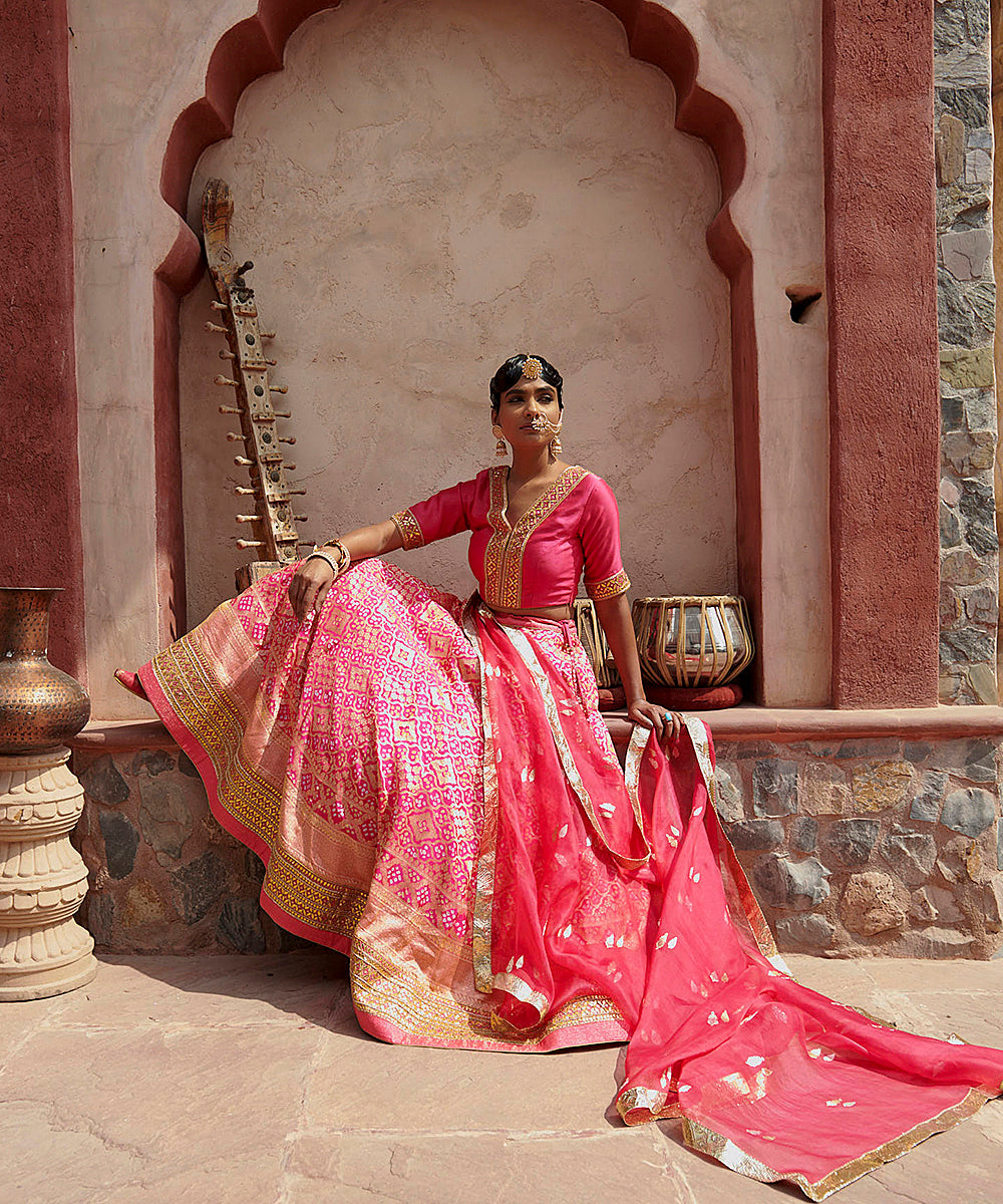 Hot_Pink_Handloom_Georgette_Bandhani_Lehenga_with_Organza_Dupatta_and_Blouse_WeaverStory_03