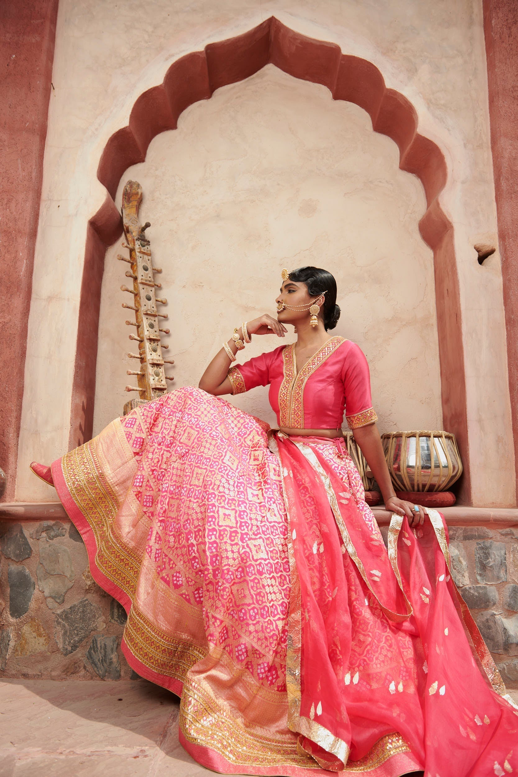 Hot_Pink_Handloom_Georgette_Bandhani_Lehenga_with_Organza_Dupatta_and_Blouse_WeaverStory_04