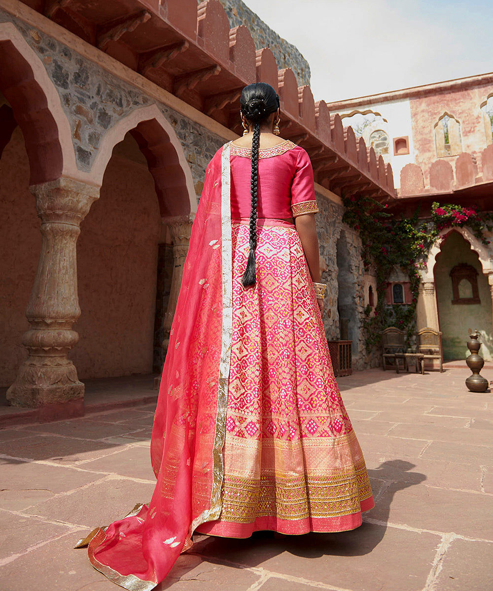 Hot_Pink_Handloom_Georgette_Bandhani_Lehenga_with_Organza_Dupatta_and_Blouse_WeaverStory_05