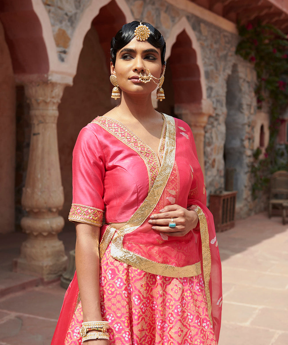 Hot_Pink_Handloom_Georgette_Bandhani_Lehenga_with_Organza_Dupatta_and_Blouse_WeaverStory_06