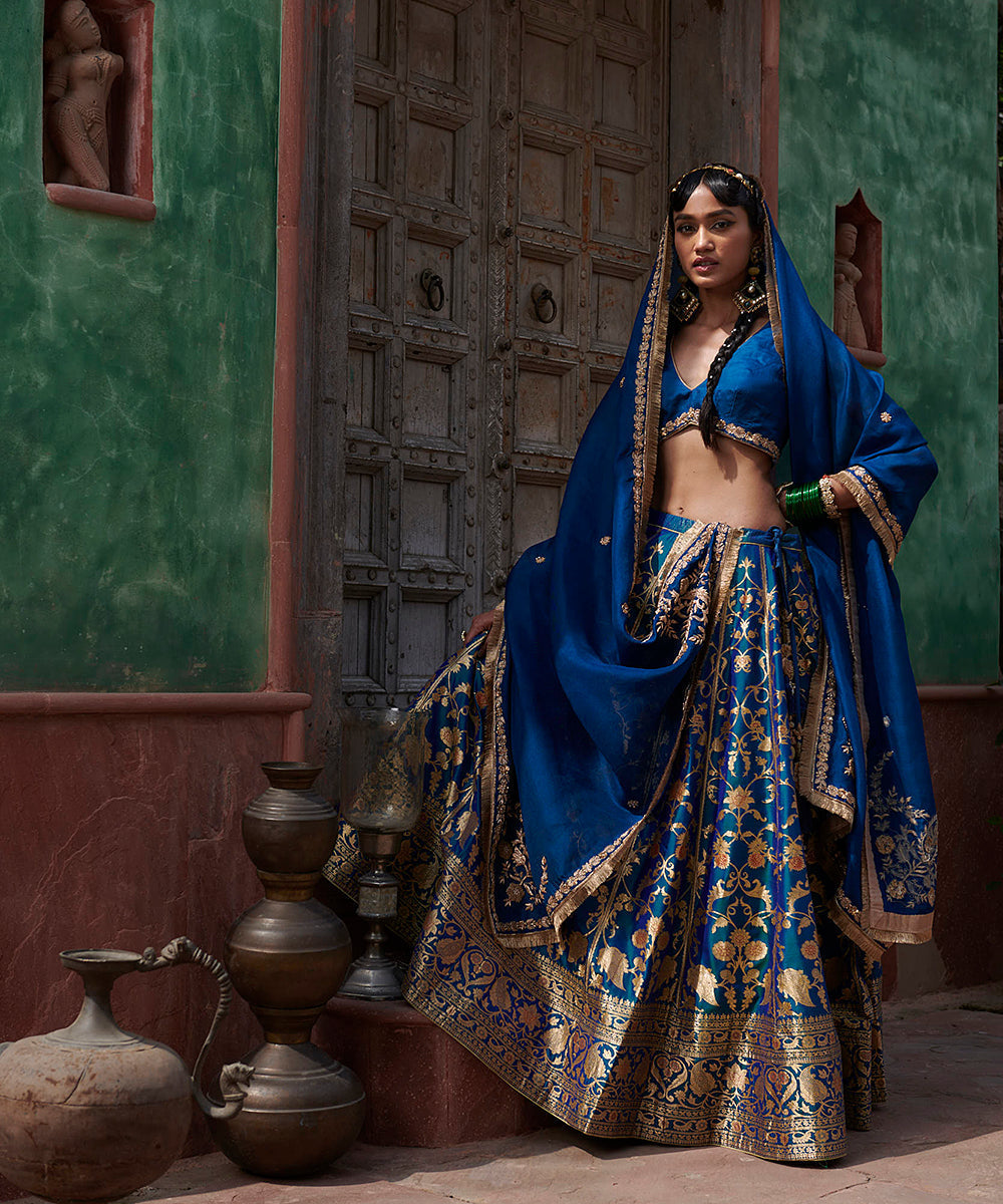 Peacock_Blue_Handloom_Pure_Katan_Silk_Banarasi_Lehenga_with_Organza_Dupatta_and_Blouse_WeaverStory_02