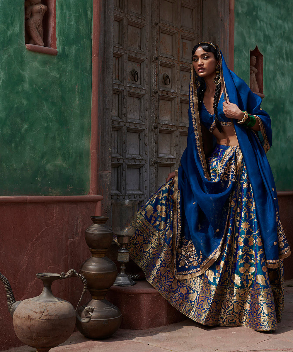Peacock_Blue_Handloom_Pure_Katan_Silk_Banarasi_Lehenga_with_Organza_Dupatta_and_Blouse_WeaverStory_03