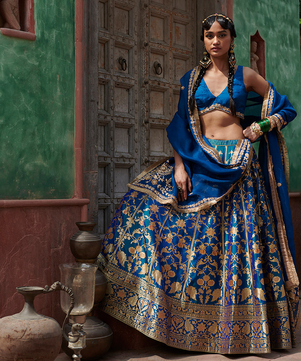 Peacock_Blue_Handloom_Pure_Katan_Silk_Banarasi_Lehenga_with_Organza_Dupatta_and_Blouse_WeaverStory_05