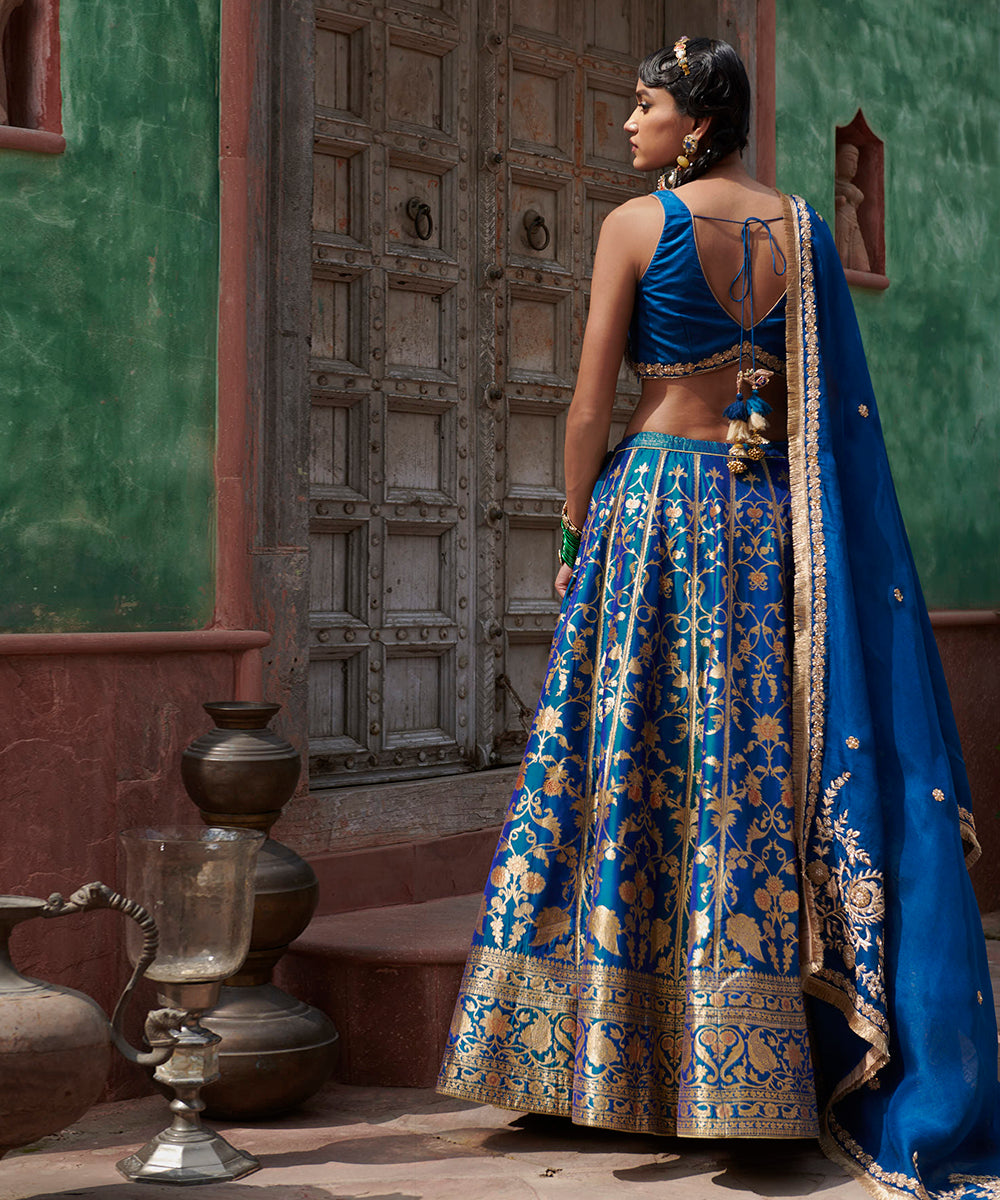 Peacock_Blue_Handloom_Pure_Katan_Silk_Banarasi_Lehenga_with_Organza_Dupatta_and_Blouse_WeaverStory_06