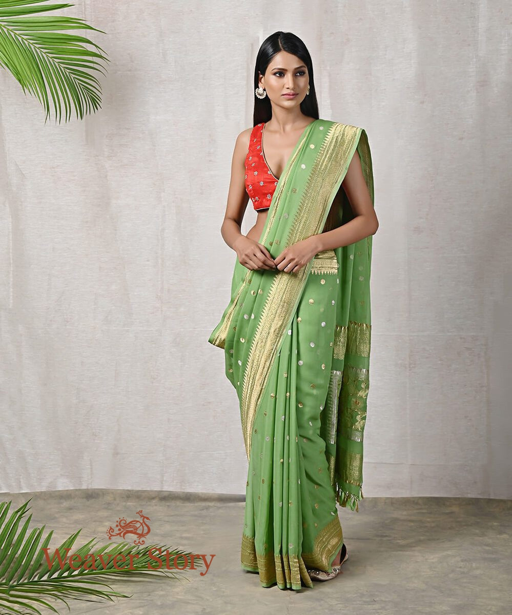 Light_Green_Handloom_Banarasi_Georgette_Saree_with_kadhwa_Booti_WeaverStory_02