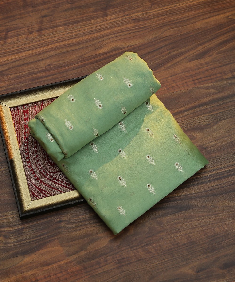 Light_Green_Pure_Mulberry_Silk_Banarasi_Fabric_with_Small_Booti_WeaverStory_01