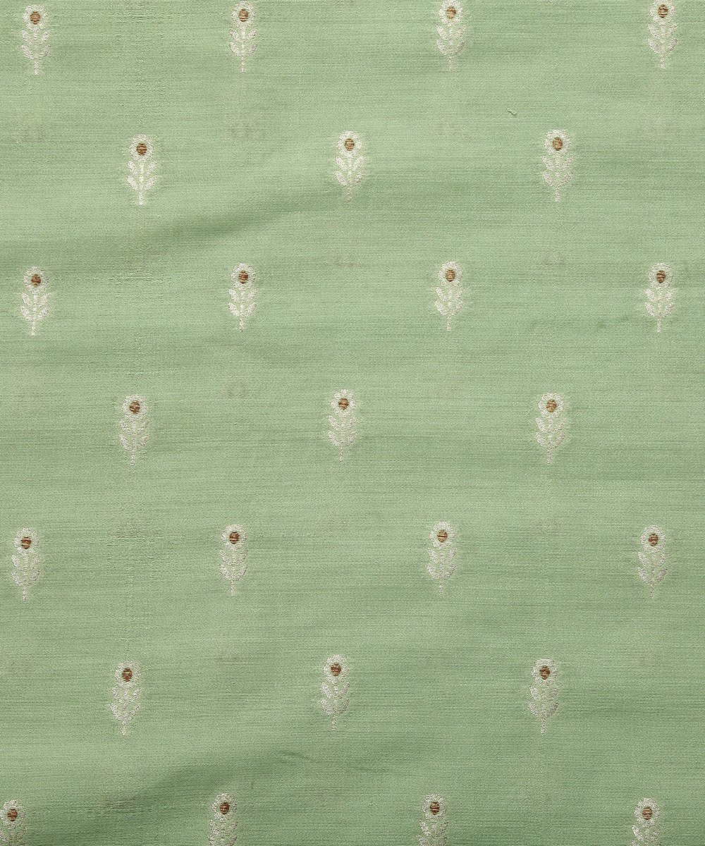 Light_Green_Pure_Mulberry_Silk_Banarasi_Fabric_with_Small_Booti_WeaverStory_03