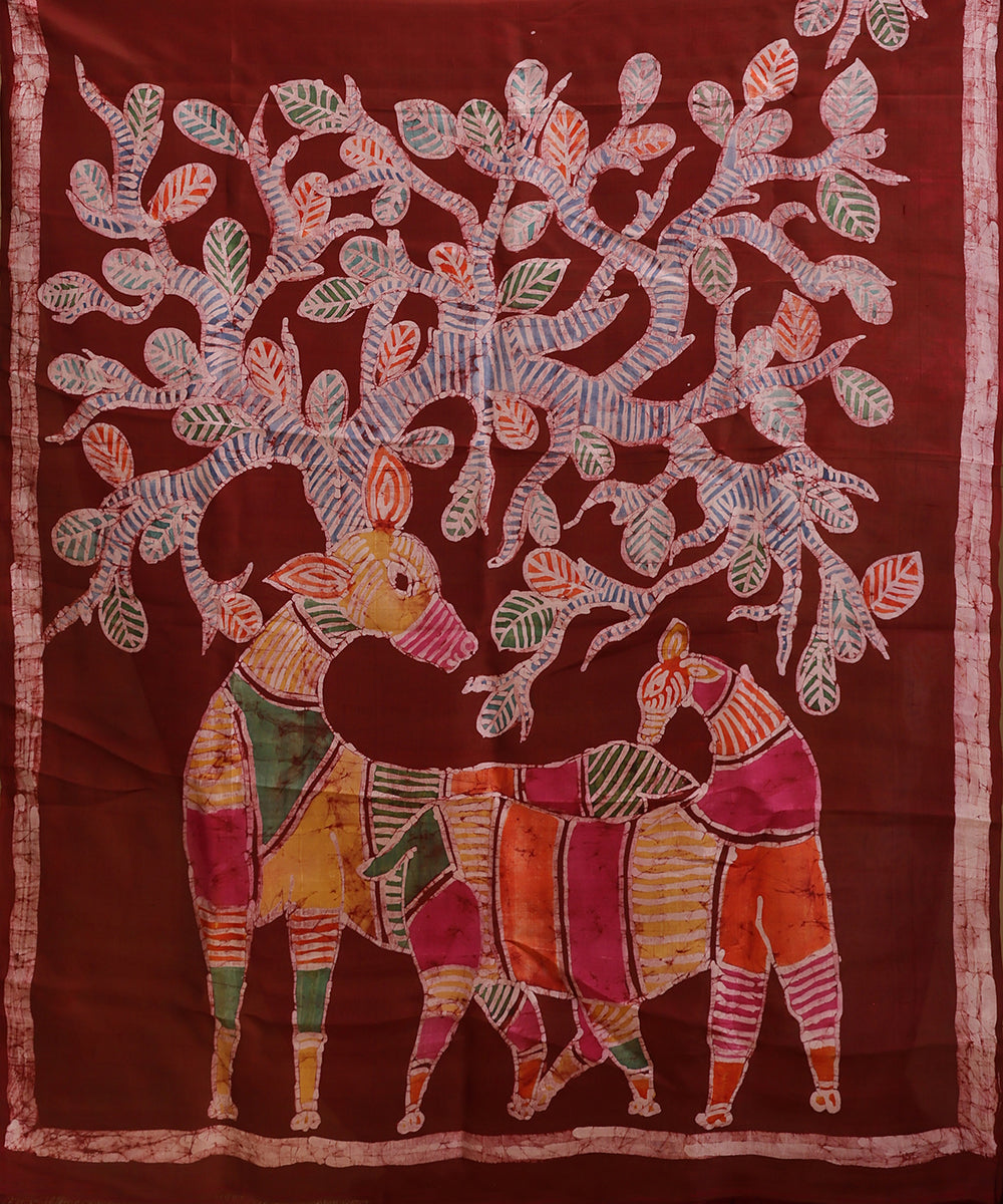 Handloom_Red_and_Dark_Brown_Hand_Batik_Mulberry_Silk_Saree_WeaverStory_05