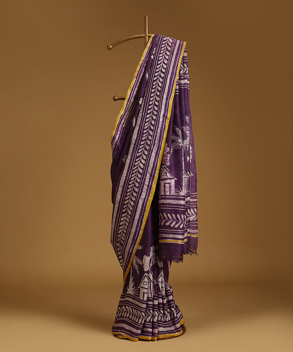 Purple_Handloom_Pure_Mulberry_Silk_Hand_Batik_Saree_With_Motifs_And_Mustard_Selvedge_WeaverStory_01