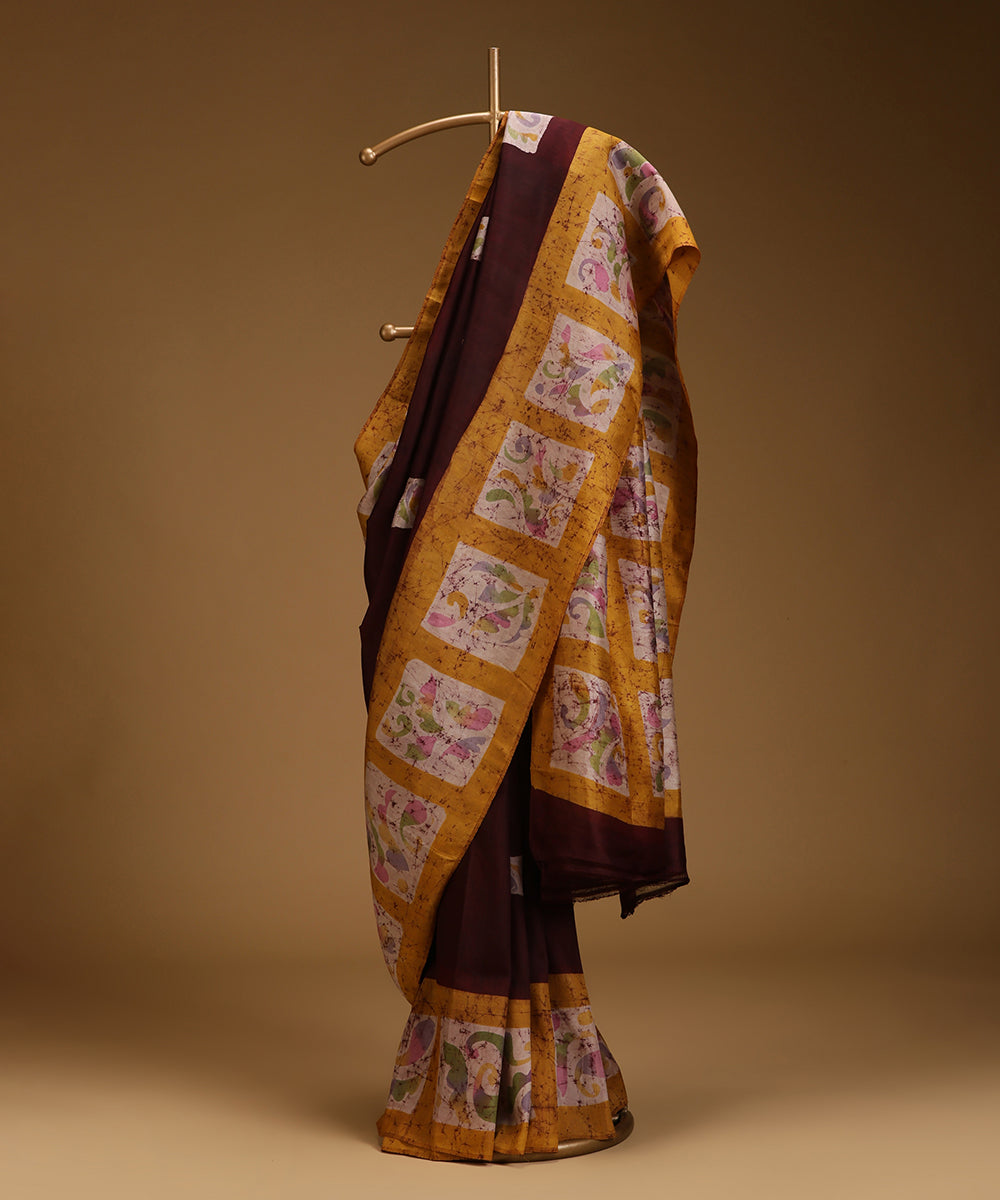 Handloom_Dark_Brown_Hand_Batik_Mulberry_Silk_Saree_with_Mustard_Floral_Border_WeaverStory_01
