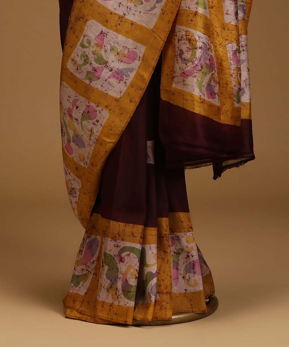 Handloom_Dark_Brown_Hand_Batik_Mulberry_Silk_Saree_with_Mustard_Floral_Border_WeaverStory_03