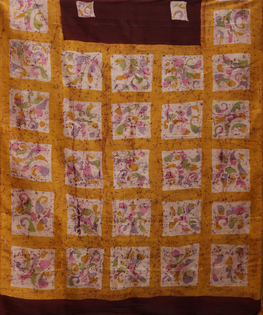 Handloom_Dark_Brown_Hand_Batik_Mulberry_Silk_Saree_with_Mustard_Floral_Border_WeaverStory_05