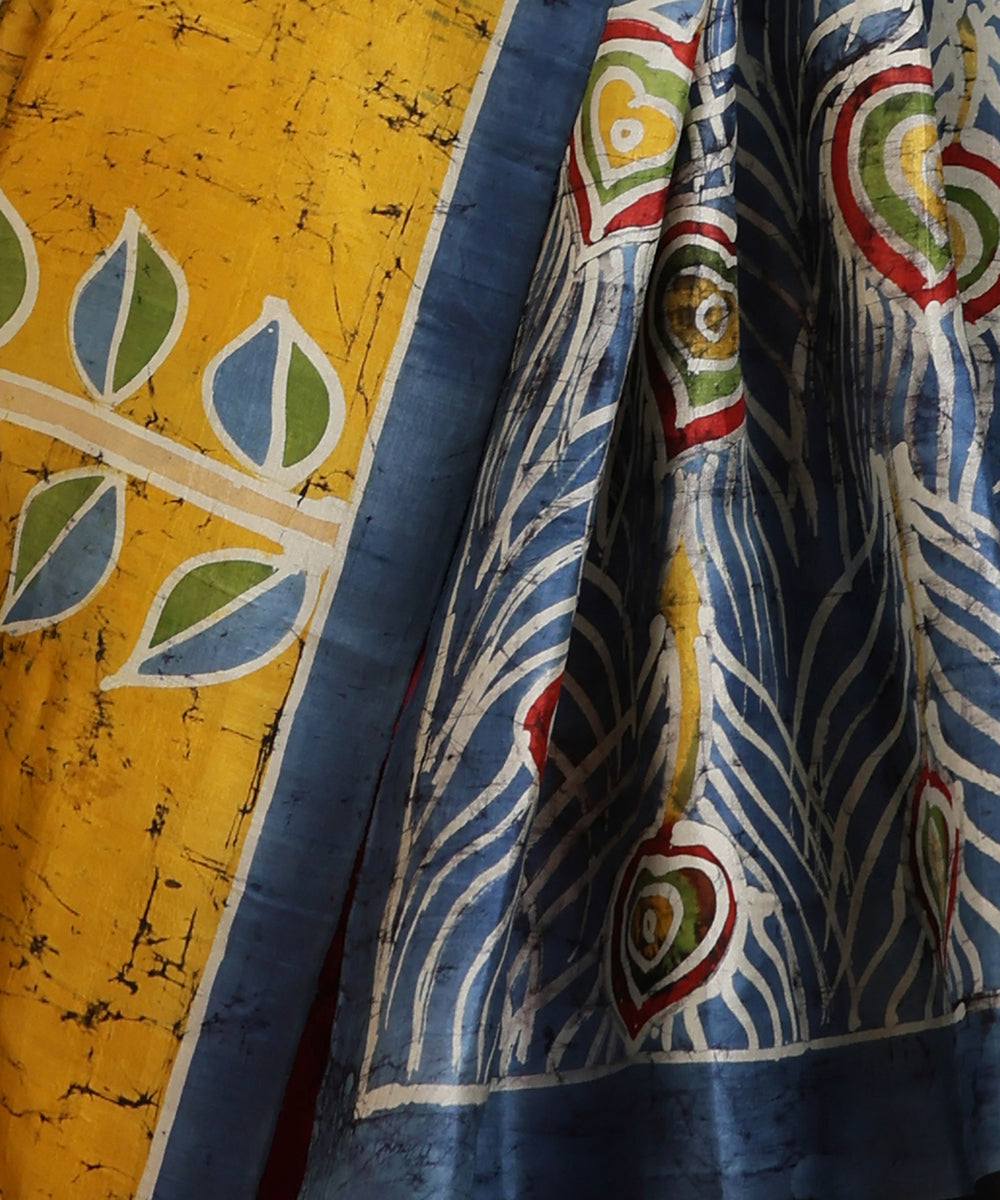 Handloom_Mustard_and_Rani_Pink_Hand_Batik_Mulberry_Silk_Saree_WeaverStory_04