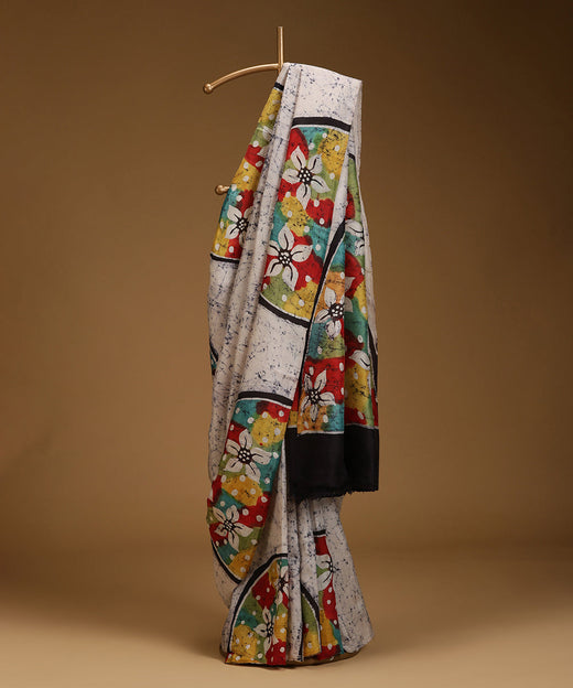 Black And Offwhite Handloom Pure Mulberry Silk Hand Batik Saree