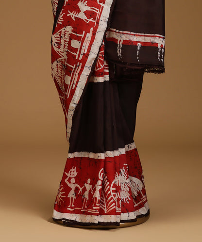 Handloom_Red_and_Brown_Hand_Batik_Mulberry_Silk_Saree_With_Tribal_Motifs_on_Border_WeaverStory_03