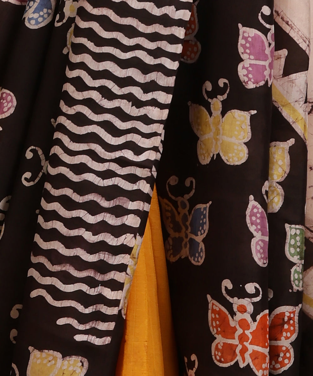 Handloom_Dark_Brown_and_Mustard_Hand_Batik_Mulberry_Silk_With_Butterfly_Motifs_WeaverStory_04