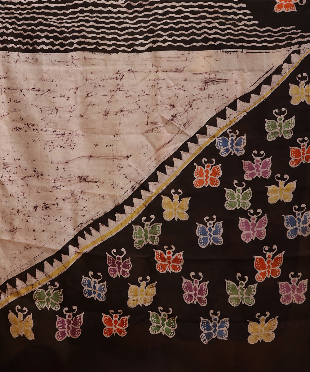 Handloom_Dark_Brown_and_Mustard_Hand_Batik_Mulberry_Silk_With_Butterfly_Motifs_WeaverStory_05