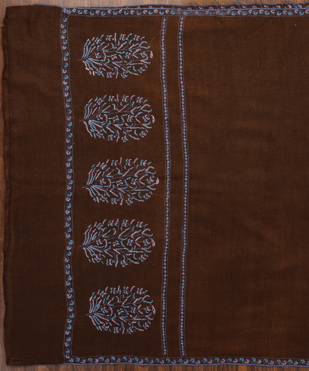 Chocolate_Brown_Handwoven_Pure_Pashmina_Stole_With_Kalamkari_And_Soznikari_WeaverStory_02
