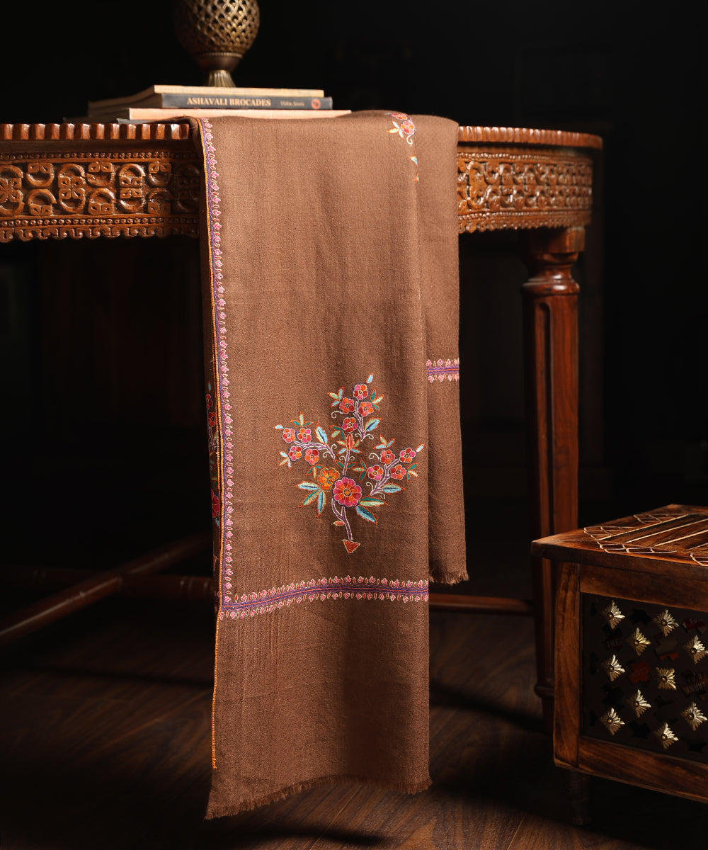 Khakhi_Handwoven_Pure_Pashmina_Shawl_With_Paper_Mache_Booti_WeaverStory_01
