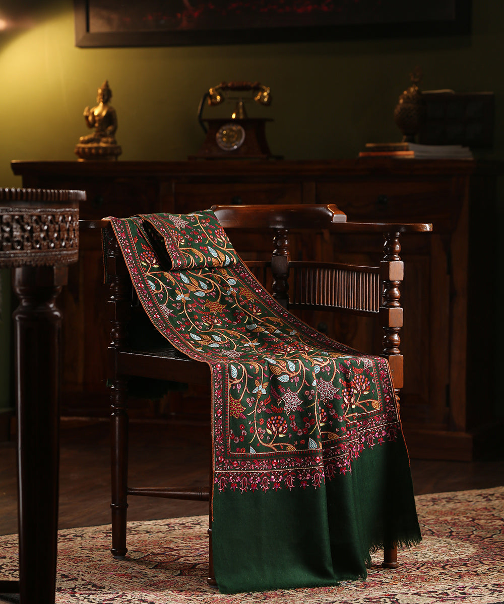 Handwoven_Bottle_Green_Pure_Pashmina_Shawl_With_Soznikari_Work_WeaverStory_01