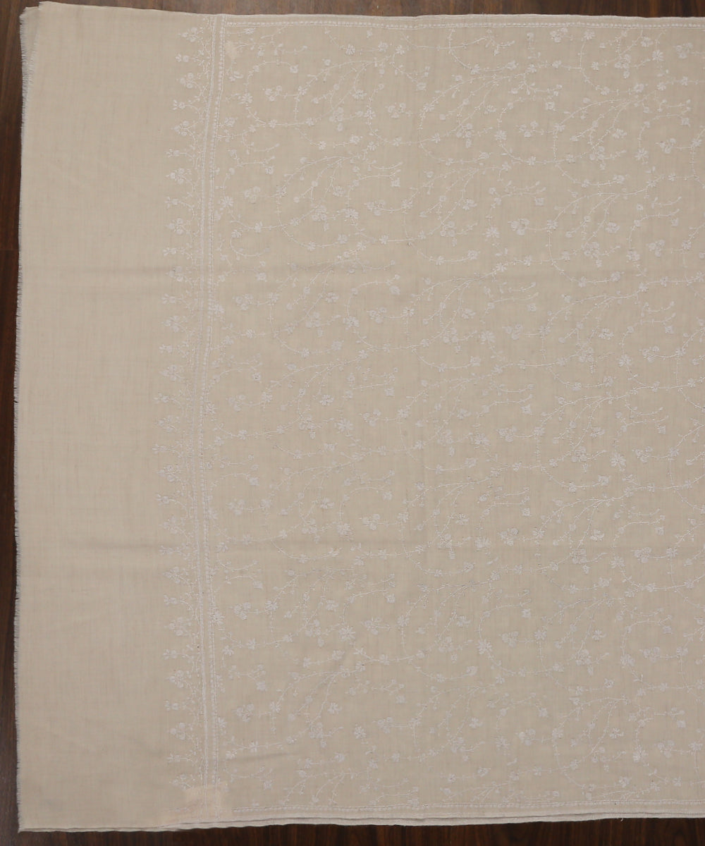 Handwoven Cream Pure Pashmina Shawl With White Paper Mache Work Shawls