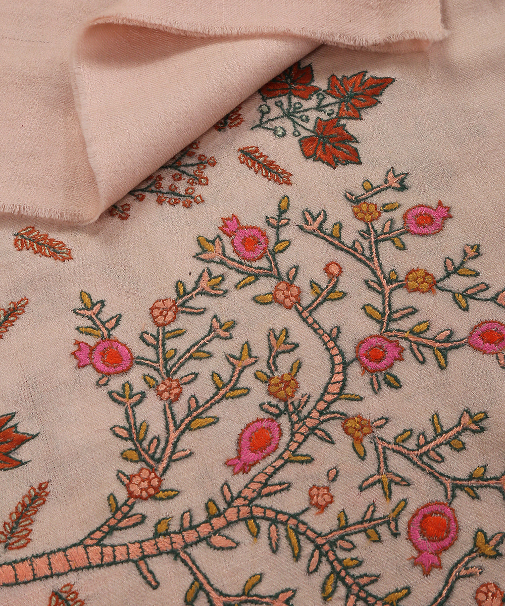 Handwoven Light Peach Pure Pashmina Shawl With Pomegranate Paper Mache Work Shawls